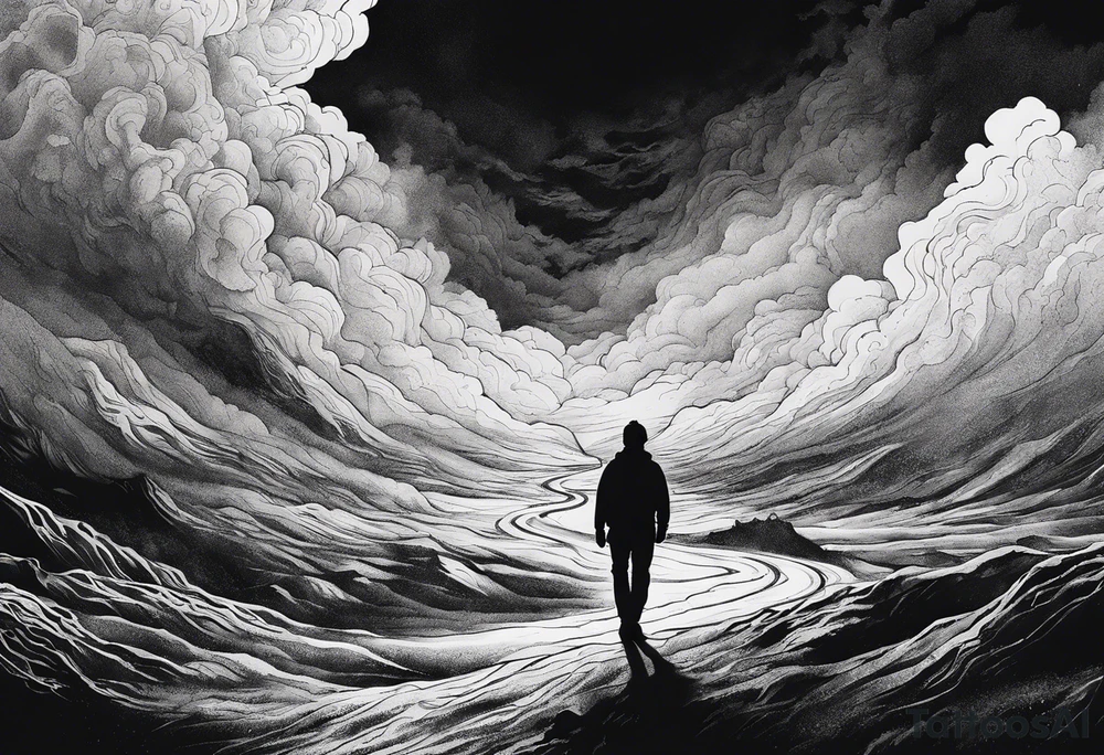 I silhouette of person walking through a dark, expansive hell scape tattoo idea