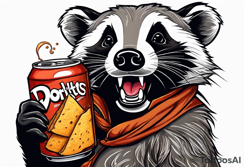 badger with mouth open with soda can and Doritos tattoo idea