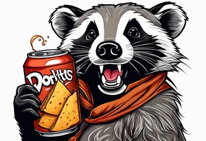 badger with mouth open with soda can and Doritos tattoo idea