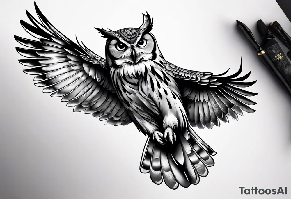 owl flying with libra scale tattoo idea