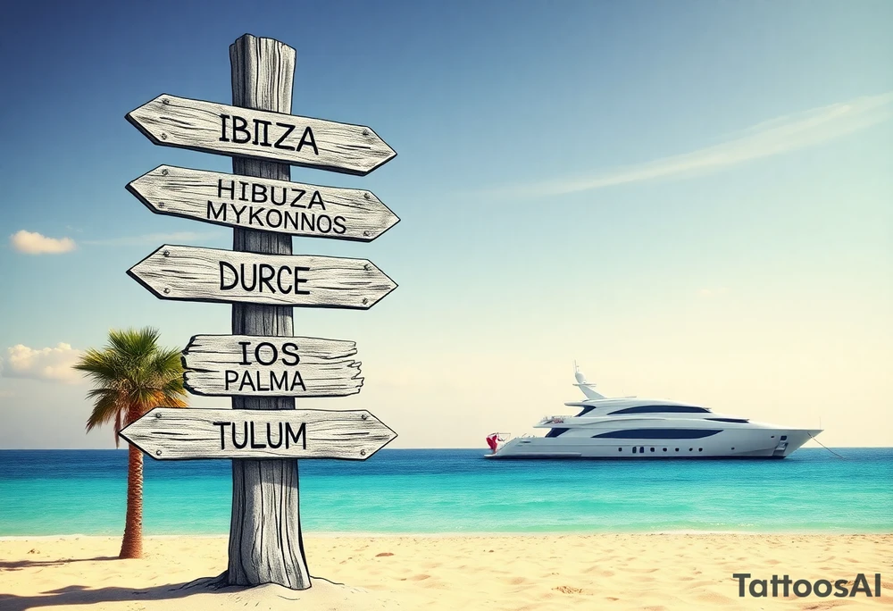 A tall wooden signpost with four directional arrows, each pointing in a different direction. The arrows are rustic and slightly weathered, with the names of popular travel destinations written on them: 'IBIZA', 'MYKONOS', 'DUBAI', 'ZRCE BEACH', 'IOS', 'PALMA', and 'TULUM'. The signpost is located on a sandy beach with a clear blue ocean in the background. A luxurious white yacht is visible on the water, slightly in the distance. A tall, green palm tree stands nearby, casting a small shadow on the sand. The scene is bathed in warm sunlight, with a few wispy clouds in the sky, creating a relaxed and tropical vacation vibe. tattoo idea