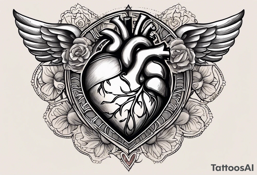 A detailed tattoo design featuring a realistic anatomical heart with a prominent scar running diagonally behind it, symbolizing resilience and healing. Inside the heart, there is an infinity symbol, representing eternal love and strength. To the left of the heart, a radiant sun shines with stylized rays, symbolizing positivity and vitality. To the right of the heart, a crescent moon balances the composition, representing calmness and introspection.

The overall design should be elegant and symbolic, with clean, modern lines, black and gray shading, and subtle textures for depth. The sun and moon should harmonize with the heart while maintaining a balanced and cohesive aesthetic. tattoo idea