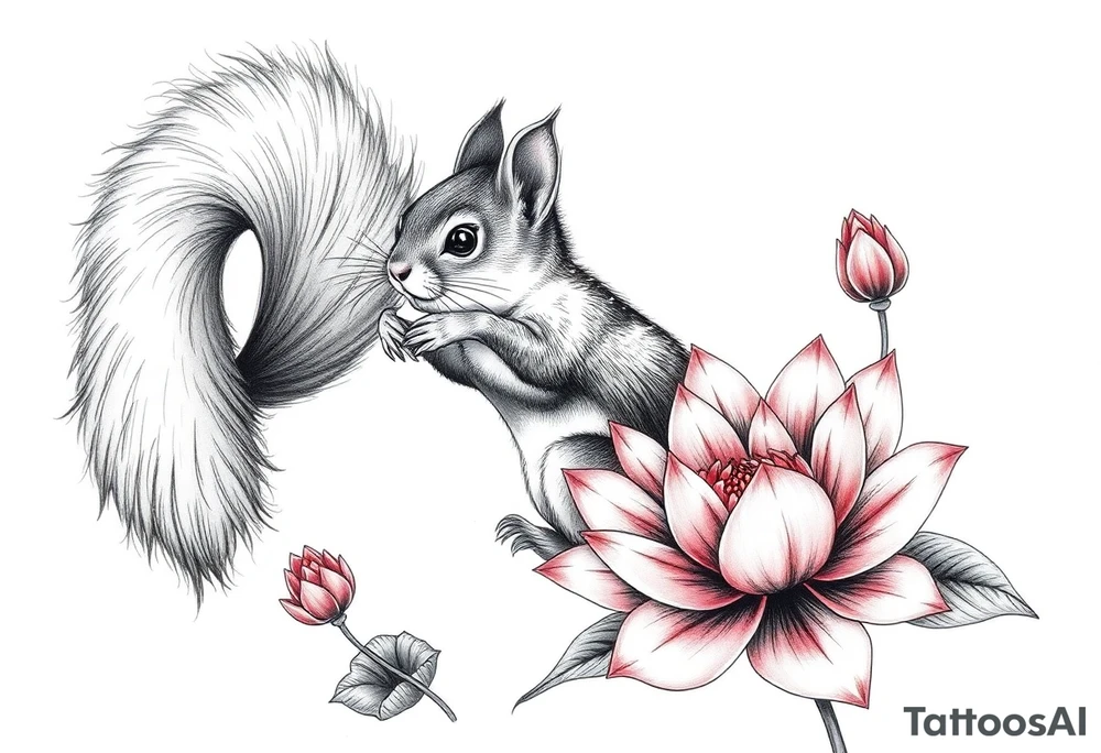 Crazy new school squirrel blooming lotus flowers tattoo idea
