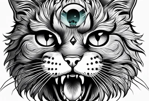 cat with empty eyes with paws above a skull tattoo idea