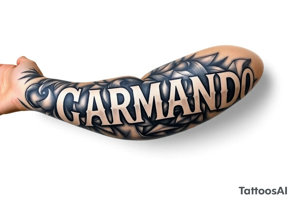 Make a tattoo that is on the left arm sleeve with Christianity and make big letters of Armando and then regular size letters with the name Kassie Brooke AJ Nova-Lee Ava-Lynn tattoo idea