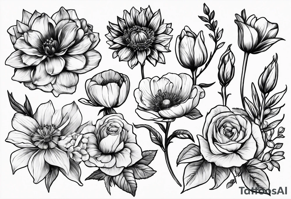 birth flower hand held bouquet with February March August August and October birth flowers tattoo idea