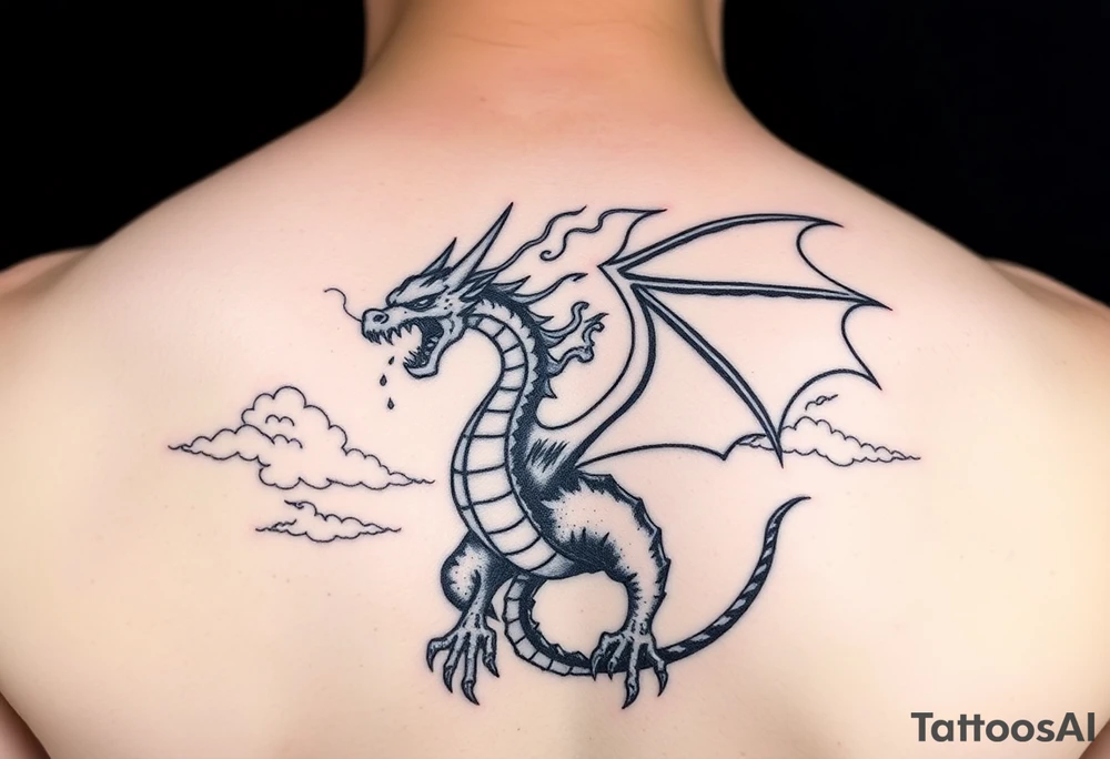 fierce dragon breathing iridescent fire against stormy skies tattoo idea