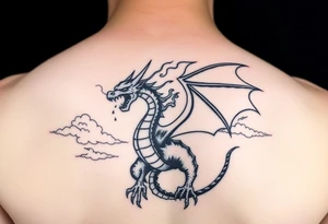 fierce dragon breathing iridescent fire against stormy skies tattoo idea