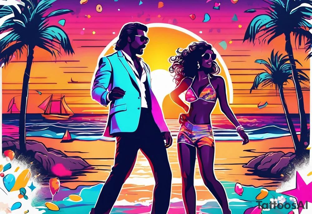 1980's miami vice style beach dance 
party, include confetti, music notes, boom box, bikinis sunset in the center tattoo idea