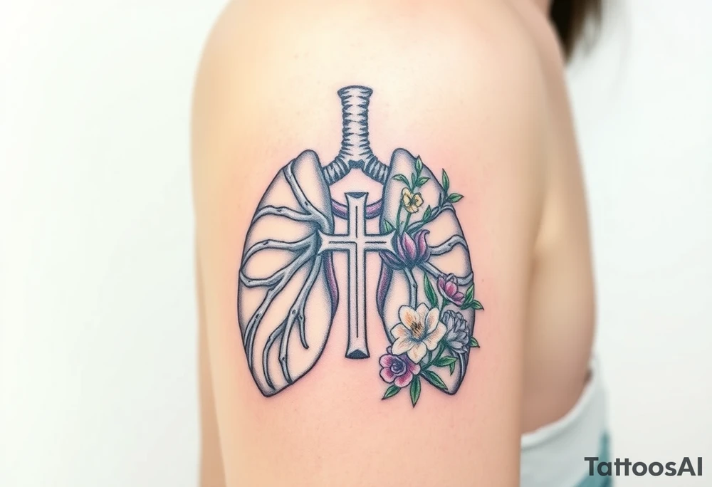 tattoo with skeleton lungs
: one side representing death and the other life. (from death to life) with a simple cross down the middle. The life side I'd like the following flowers growing out of it: Morning Glory, Lily of the Valley, Daffodil, Rose, Poppy, and Iris tattoo idea