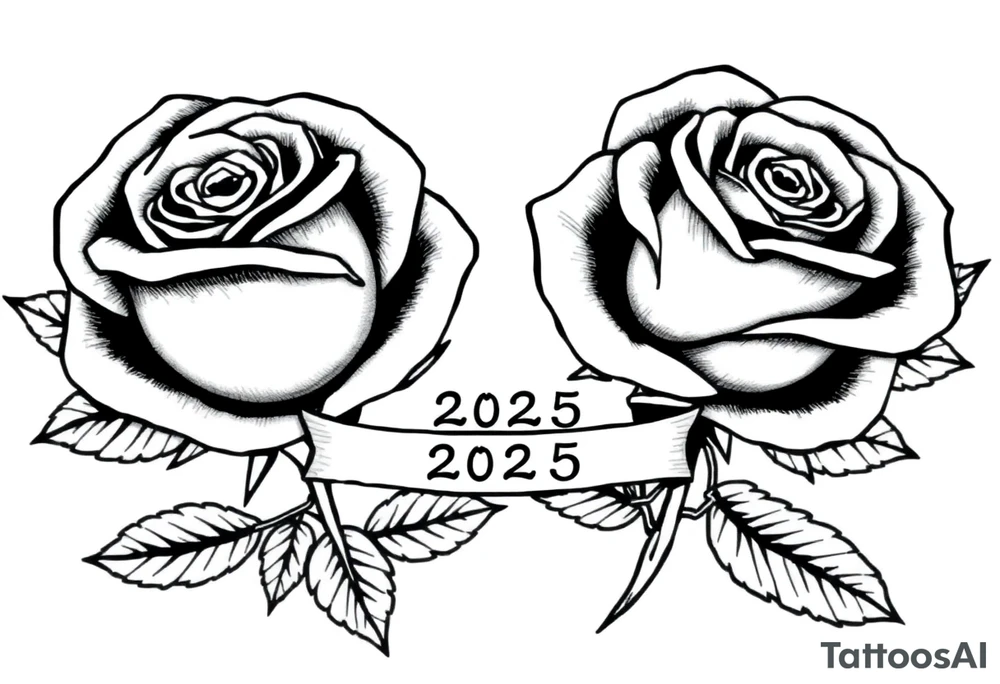 two beautiful rose buds, side by side, with many leaves and their stems intertwined, representing two people in love. Include a banner connecting the two roses with "2025" on it.  The word "Rose" written in Kanji above the drawing.  Dark outlines with little shading tattoo idea