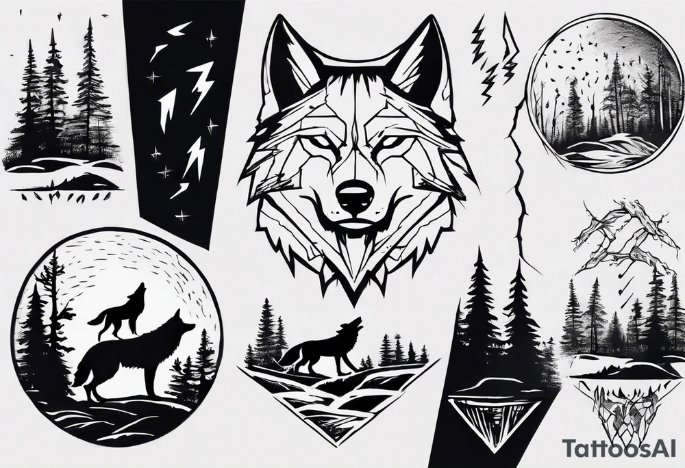 lightning over forest with wolf howling on drum tattoo idea lightning over forest with wolf howling on drum tattoo idea