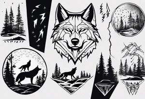 lightning over forest with wolf howling on drum tattoo idea