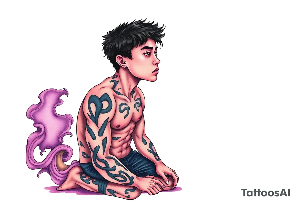 Handsome Asian young guy is standing on his knees upset tattoo idea