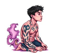 Handsome Asian young guy is standing on his knees upset tattoo idea