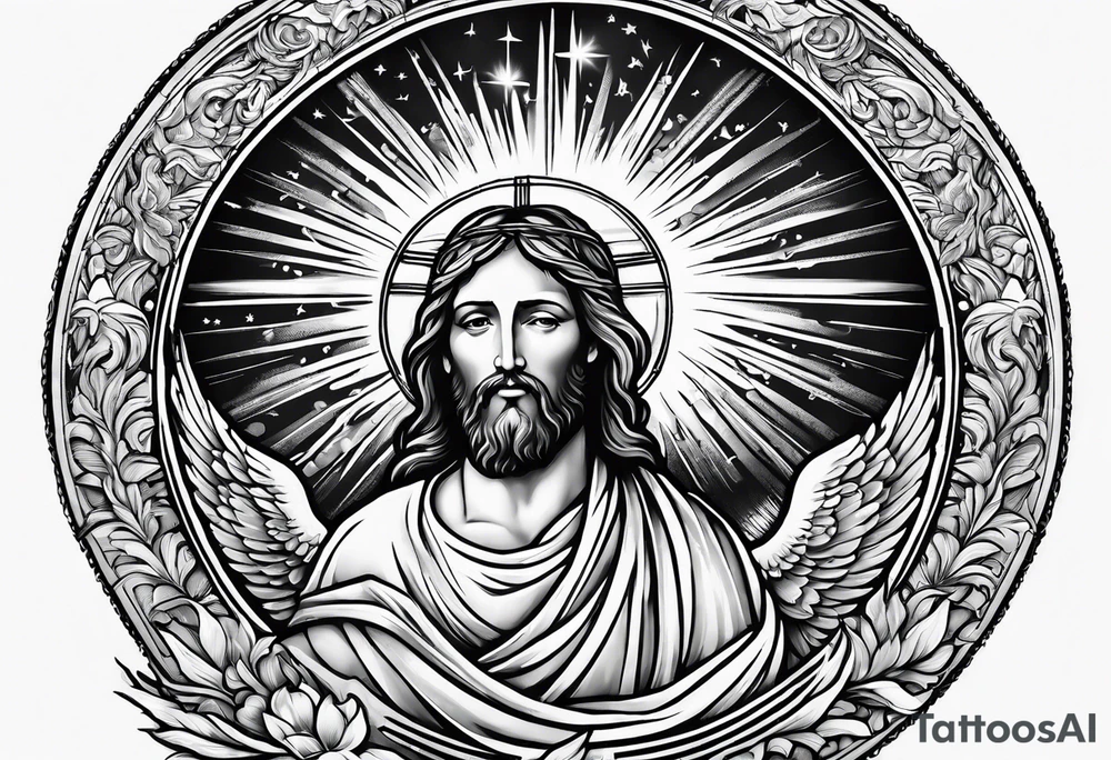 Jesus ascending to heaven with angels and doves and sunbeams around him tattoo idea