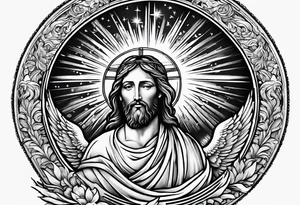 Jesus ascending to heaven with angels and doves and sunbeams around him tattoo idea