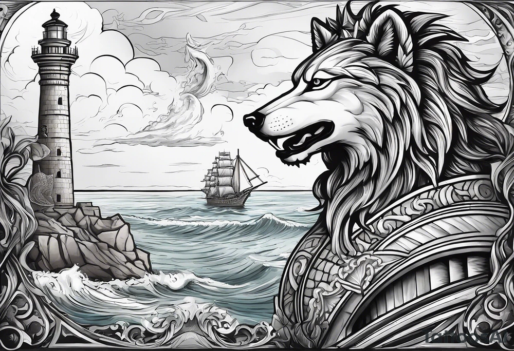 Lighthouse of Alexandria with Ankh and Eye of Ra hovering above it, pyramids and obelisk in background, below that is a marble bust of Caesar and laurels and a capitoline wolf, below is a stormy sea with Poseidon holding a trident and a sea serpent and sirens swimming, there are sunken ancient ruins of temples and pillars tattoo idea