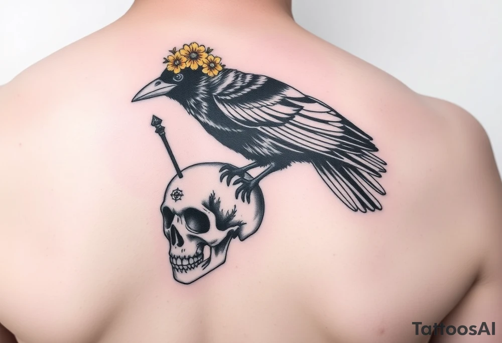 Crow with yellow flower crown, carrying a wand and perched on skull tattoo idea