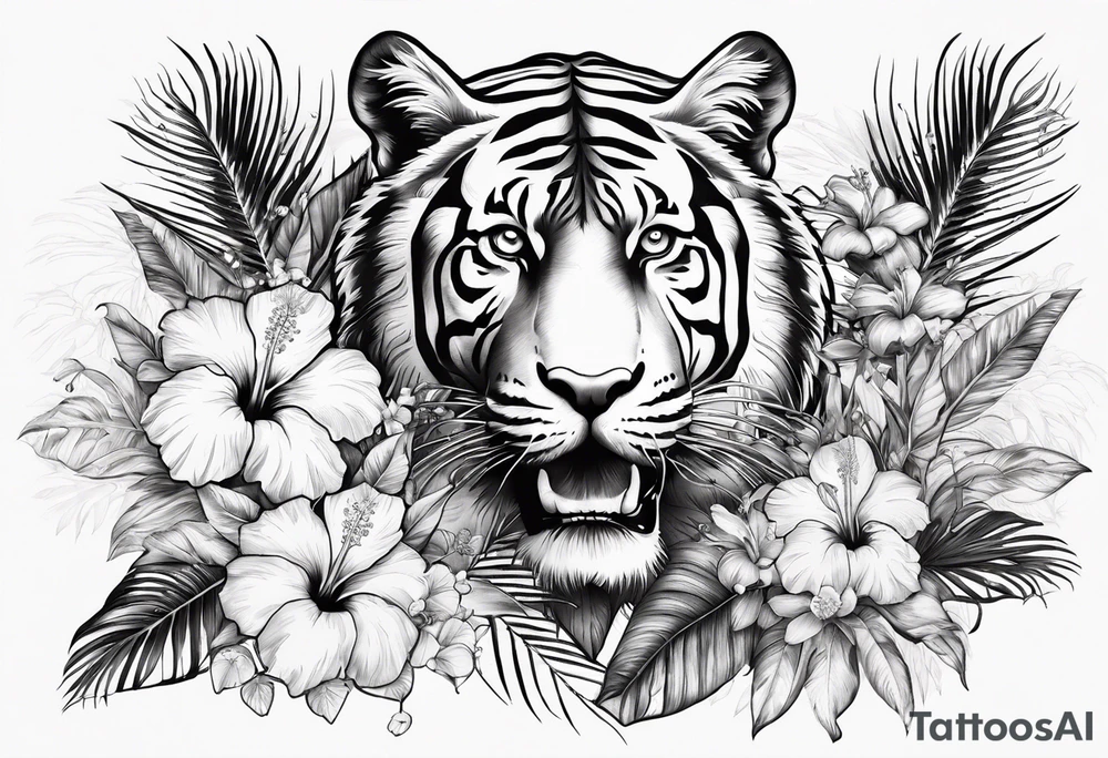 Hibiscus is very tropical with palm trees, tiger, surrounded with flowers water tattoo idea