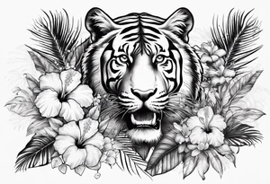 Hibiscus is very tropical with palm trees, tiger, surrounded with flowers water tattoo idea