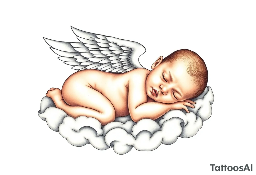 Sleeping Winged baby, laying on the clouds tattoo idea