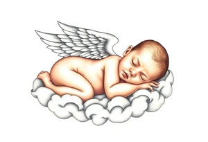 Sleeping Winged baby, laying on the clouds tattoo idea