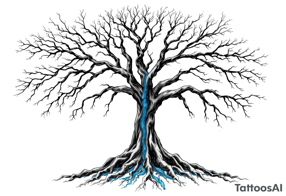 Black and white deciduos Tree with roots. Blue water inside the whole tree like many thin veins, flows from the brunches to the roots tattoo idea