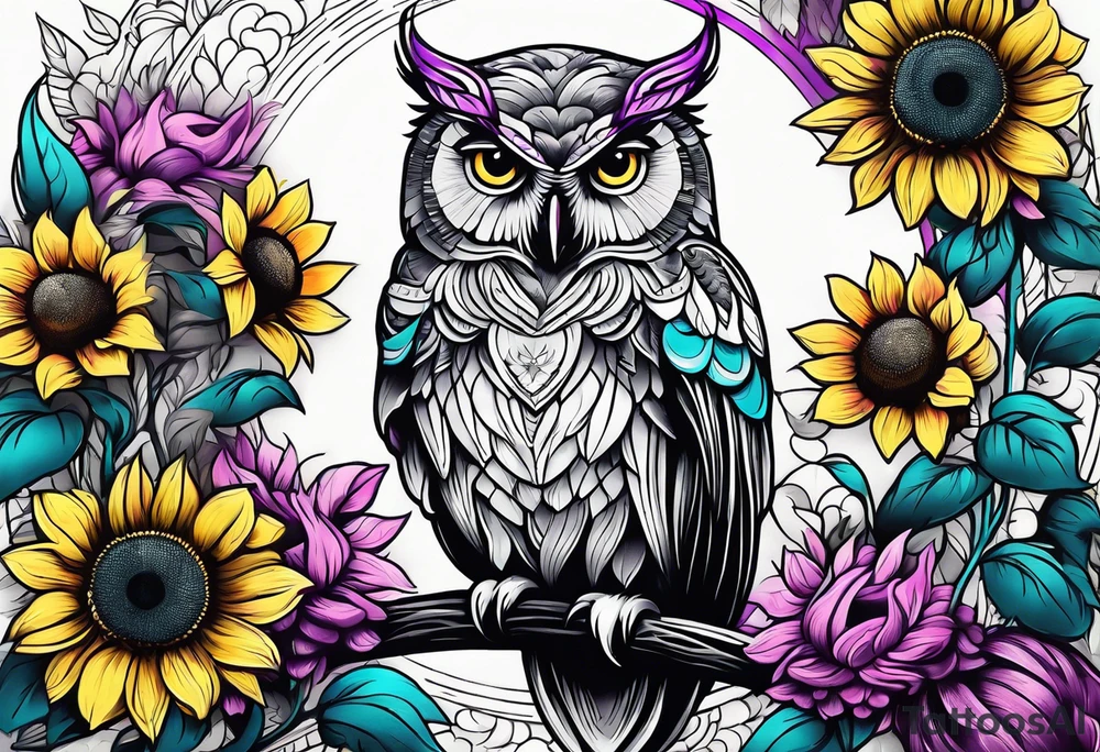 Black and white owl shaded teal, pink and purple surrounded by yellow sunflowers sleeve tattoo idea