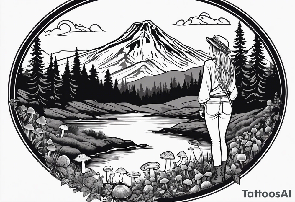 Whole picture encircled fully

Straight long blonde hair hippie girl in distance holding mushrooms in hand facing away toward mountains and creek surrounded by mushrooms long sleeve shirt and hiking pants; whole rendering within a full circle, no cut off circle tattoo idea