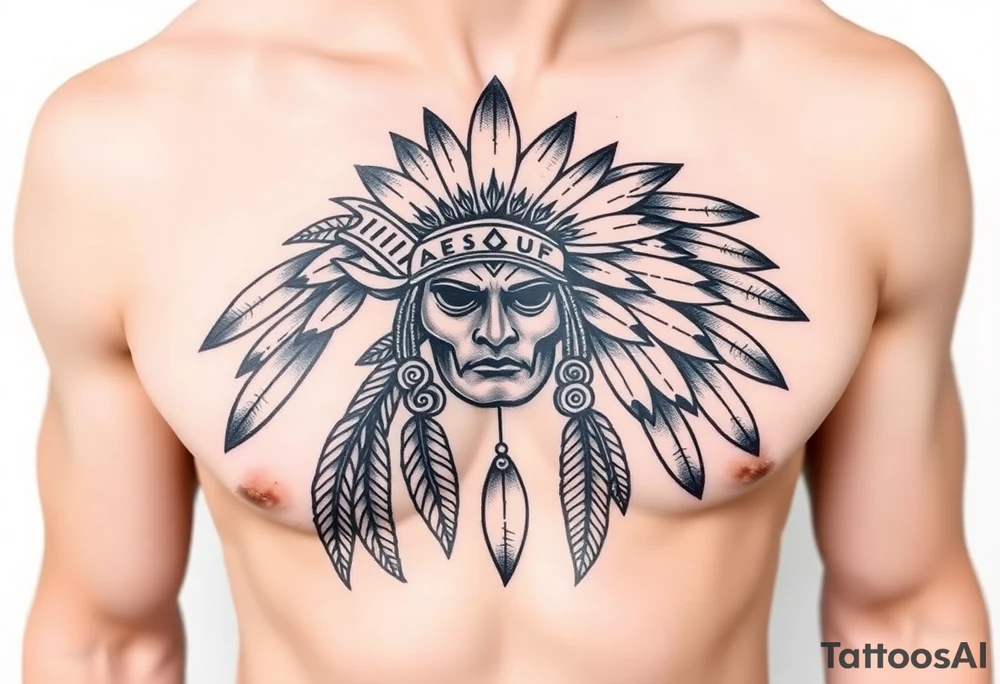 Native American chest in full color male left peck tattoo idea