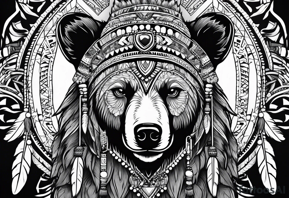 Native style bear pelt with woman and traditional headdress tattoo idea