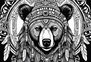 Native style bear pelt with woman and traditional headdress tattoo idea