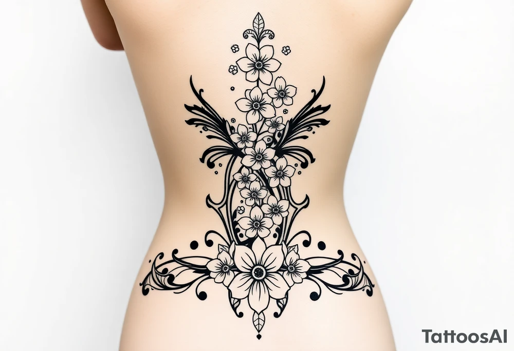 A detailed and elegant tattoo design for the spine, incorporating a vertical flow of cherry blossoms  The lower back features symmetrical ornamental elements inspired by tribal and decorative patterns, seamlessly blending into the floral motif. The design uses fine linework, intricate dotwork, and soft curves that follow the natural contours of the body, creating a feminine and cohesive piece. The overall aesthetic is balanced, with a mix of bold ornamental elements at the lower back and light, airy floral accents along the spine. tattoo idea