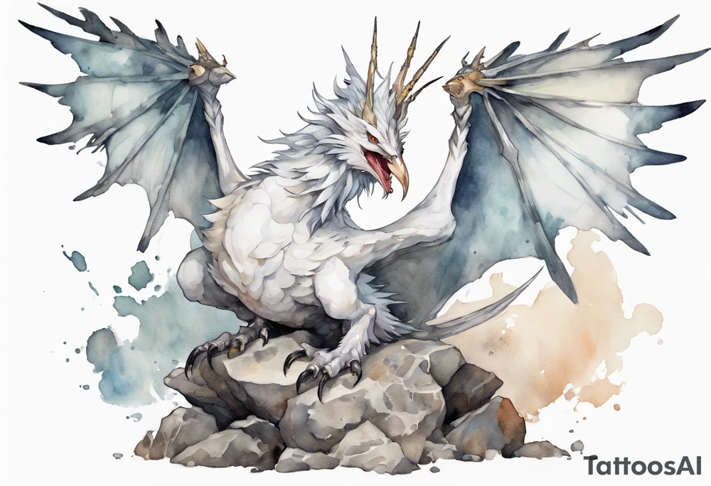 a white bird-wyvern hybrid, wearing a iron crown, perched on a stone tattoo idea