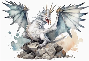 a white bird-wyvern hybrid, wearing a iron crown, perched on a stone tattoo idea