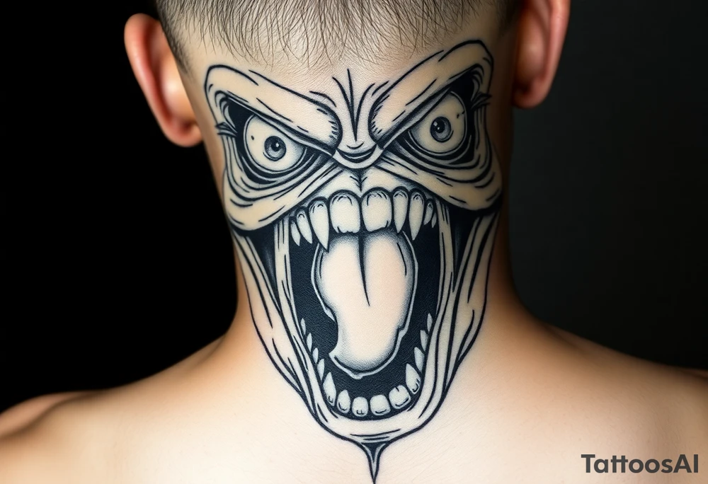 powerful faces with huge eyes and mouth with foamy mouth with a person. Climbing out of the mou6h tattoo idea