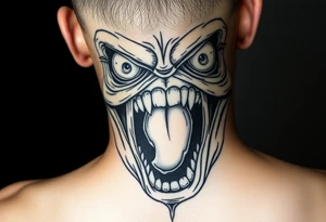 powerful faces with huge eyes and mouth with foamy mouth with a person. Climbing out of the mou6h tattoo idea