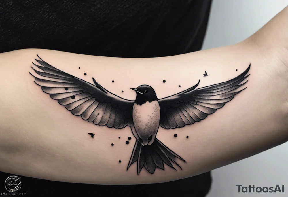 Design a forearm tattoo featuring a minimalist swallows in flight, symbolizing freedom and new beginnings tattoo idea