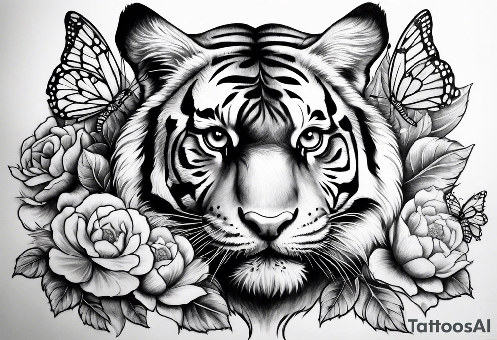 tiger, 3 buterflies, flowers tattoo idea