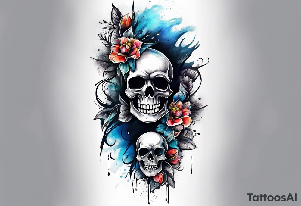 front knee tattoo with flowers & skulls, & water washes, background washes tattoo idea