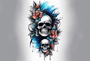 front knee tattoo with flowers & skulls, & water washes, background washes tattoo idea