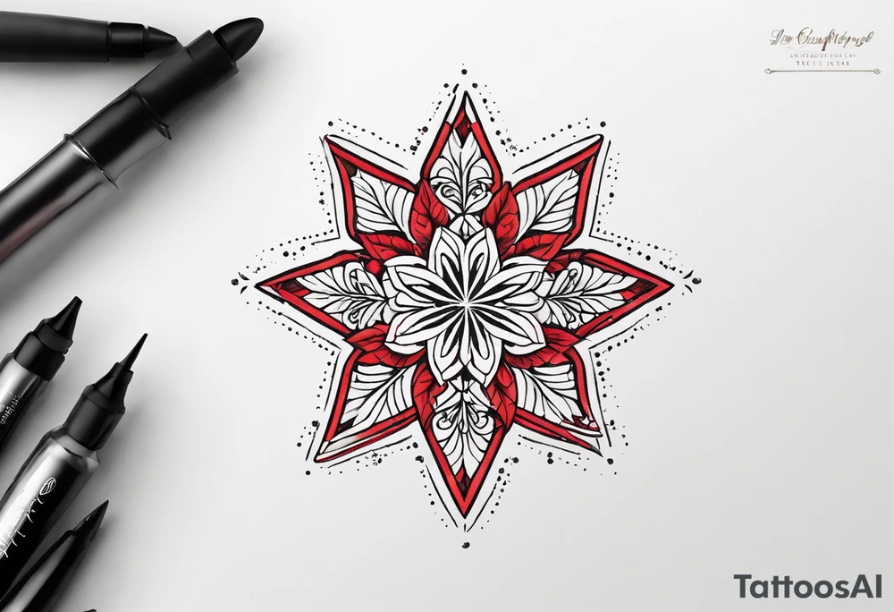 Small tattoo of a forget me knot flower linework star thats outline is red and a snowflake all separate tattoo idea