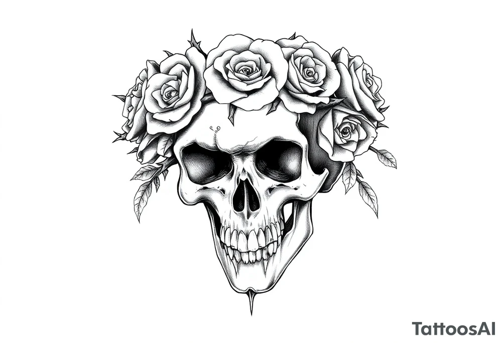 ornate skull adorned with crown of wild roses and thorns tattoo idea