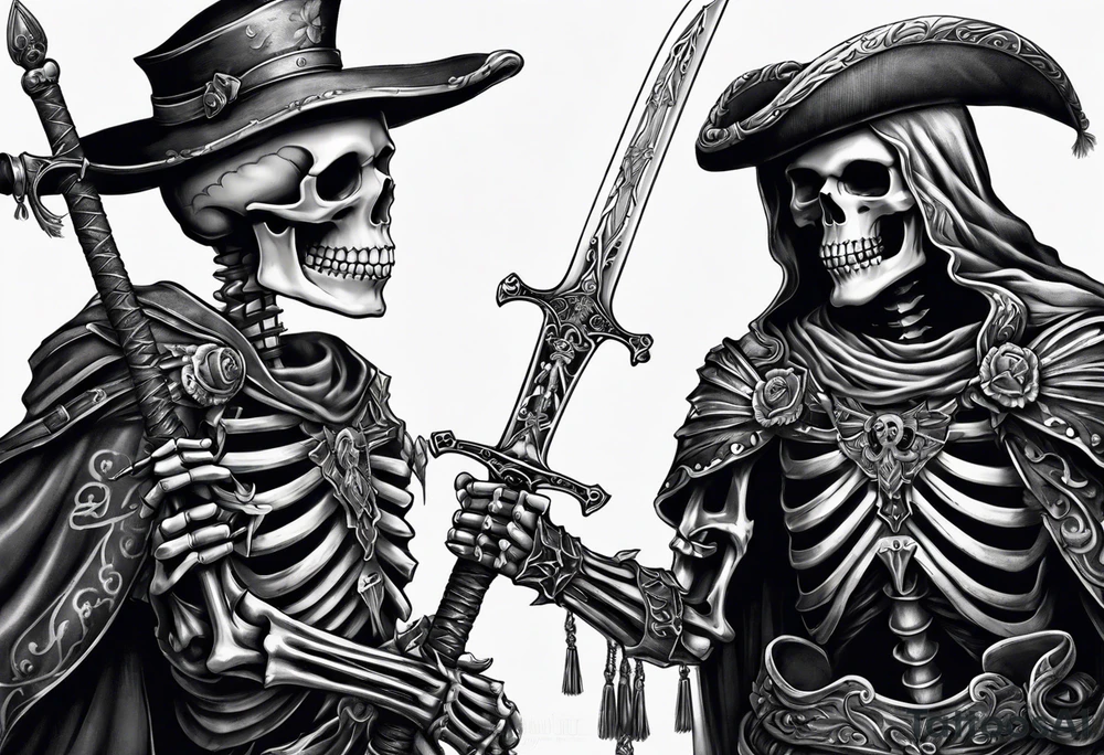 Two Skeletons both reaching for a sword tattoo idea Two Skeletons both reaching for a sword tattoo idea