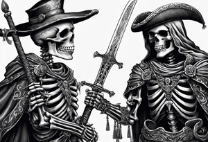 Two Skeletons both reaching for a sword tattoo idea