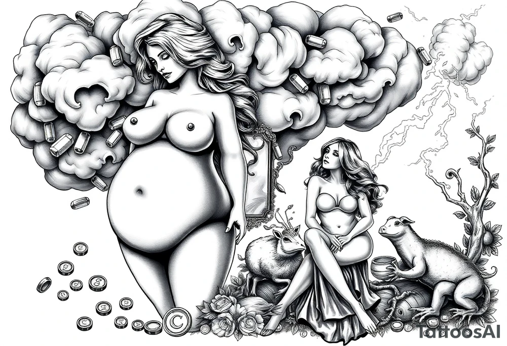 Storm clouds with a fat naked woman and drugs and money  and coins and mirror and sexy naked couple having sex with pig and peacock frog lamb and lightening lust gluttony envy greed wrath pride  sloth tattoo idea