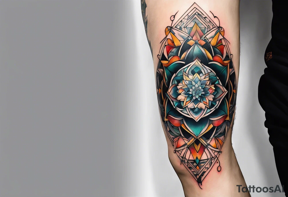 knee tattoo with sacred geometry, swirls & washes, background and in fall colors tattoo idea