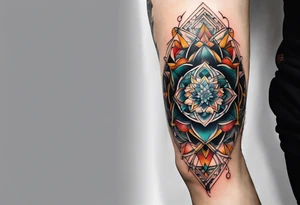 knee tattoo with sacred geometry, swirls & washes, background and in fall colors tattoo idea