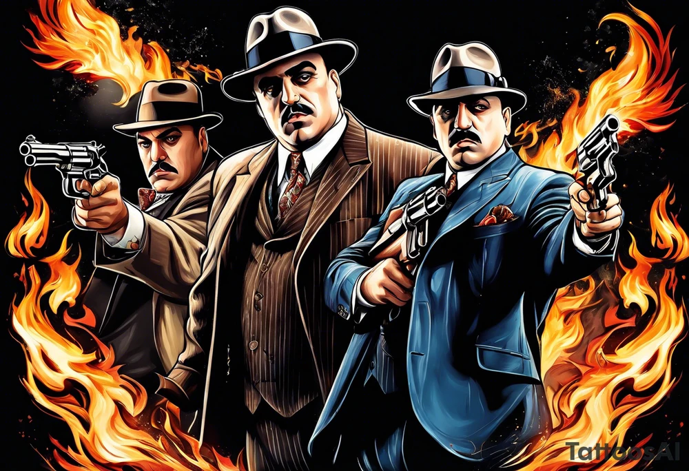 capone style gangsters having a shootout against a dark background scene with flames blues tattoo idea